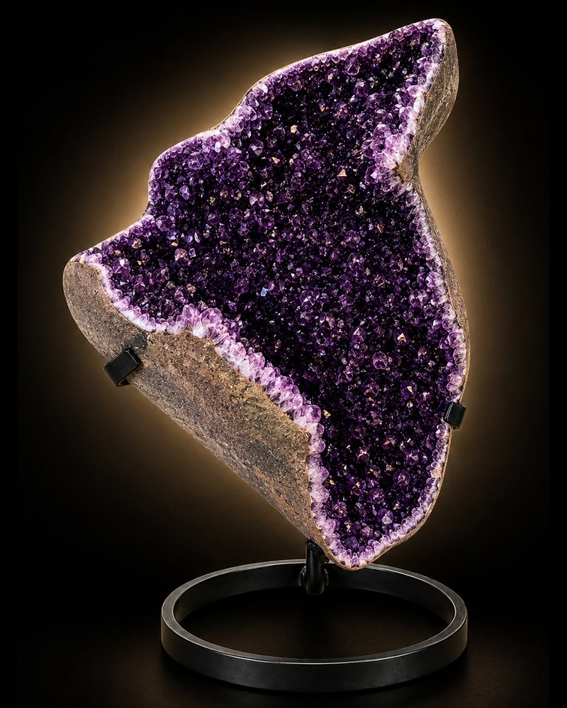 Amethyst geode on a black stand, lit against a dark background